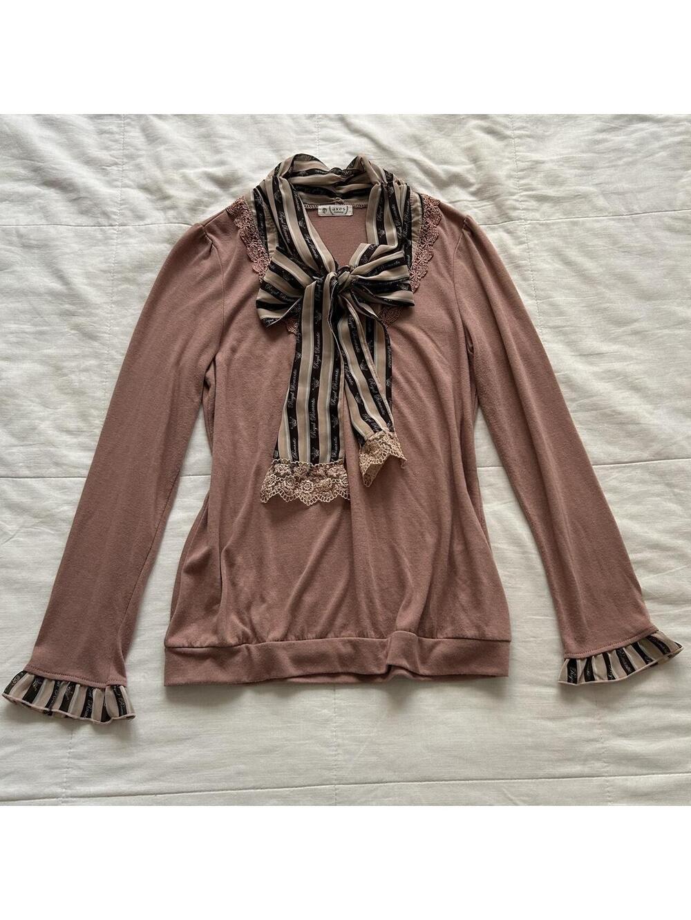 Axes Femme Dusty Rose Pink Ribbon Bow Lace Flared Sleeve Top M Japan